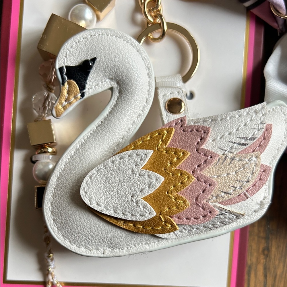 Piper K Swan Bag Charm/Keychain and Scarf Set - White, Pink, and Gold - Picture 3 of 5